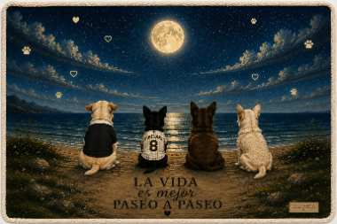 Manta Cibeland Luz de Luna, cuatro perros sentados en la playa bajo la luna llena