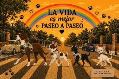 Manta Paso Cebra: perros cruzando un paso de cebra estilo Abbey Road con un arcoíris de fondo